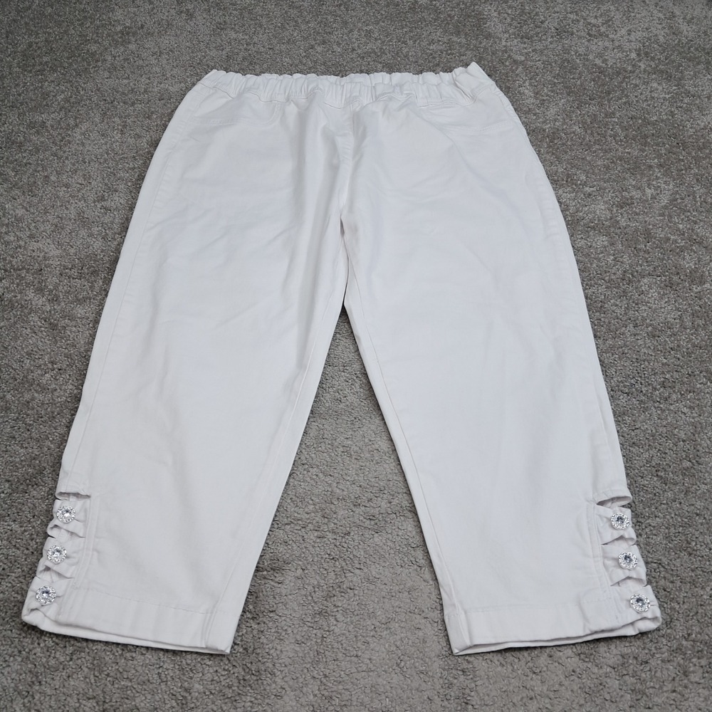 Collections Etc Women White Rhinestone Lattice Hem Capri Pants XXL 8334